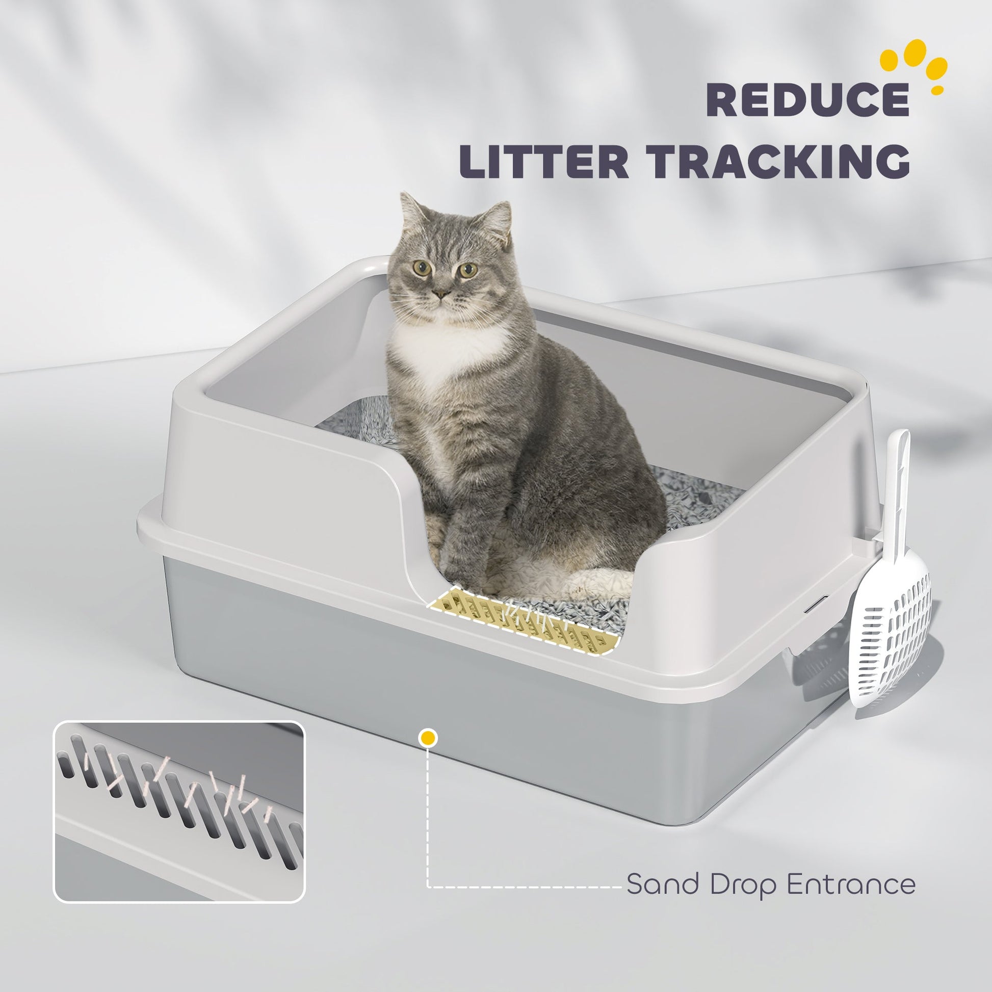 KFX-8204221 Extra Large Stainless Steel Cat Litter Box with High Sides and Easy Clean Scoop, Light Gray