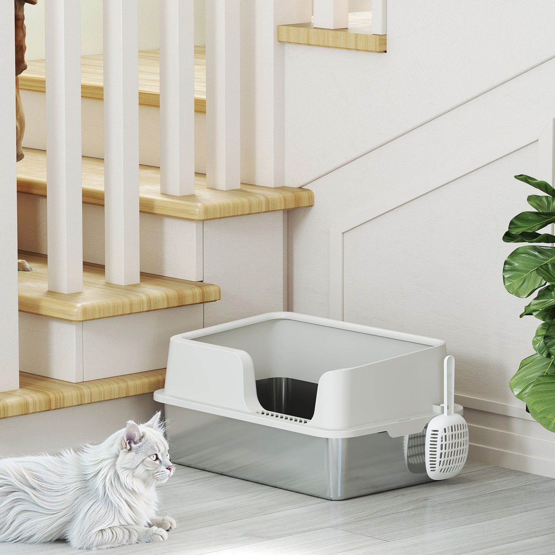 KFX-8204221 Extra Large Stainless Steel Cat Litter Box with High Sides and Easy Clean Scoop, Light Gray