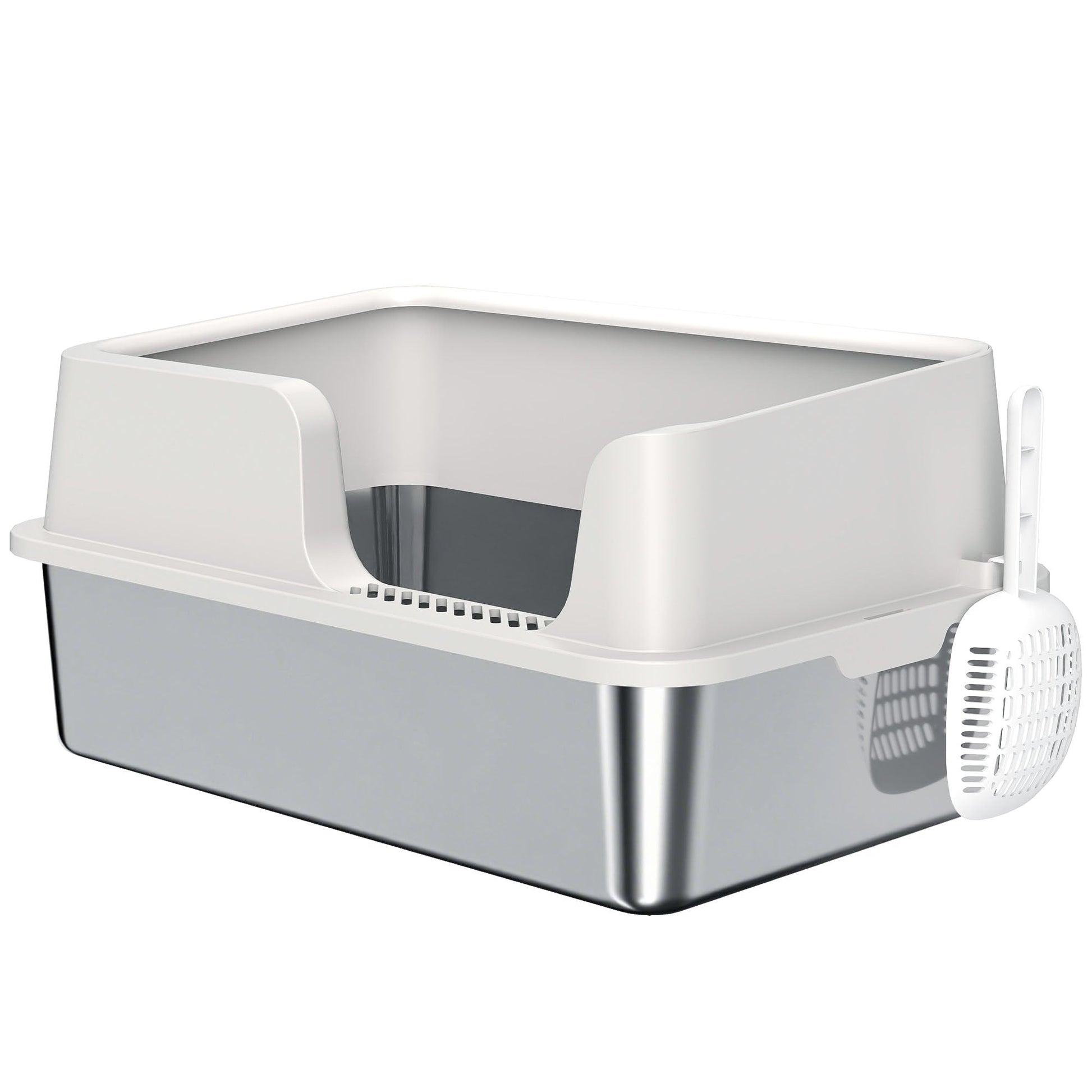 KFX-8204221 Extra Large Stainless Steel Cat Litter Box with High Sides and Easy Clean Scoop, Light Gray