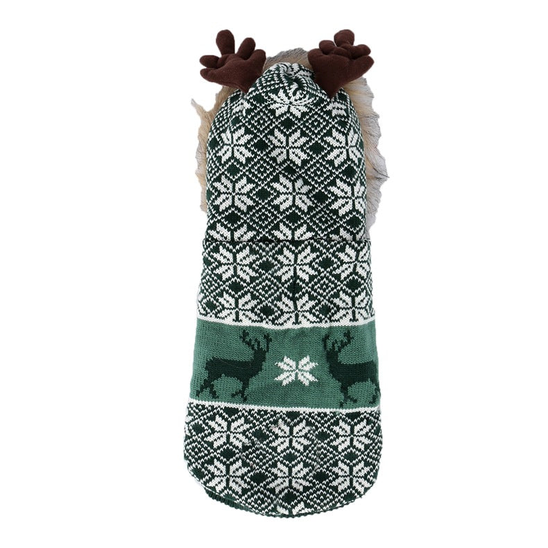 KFX-8206525 Vintage Christmas Elk Hooded Pet Coat with Fur Collar in Blue, Red, and Green