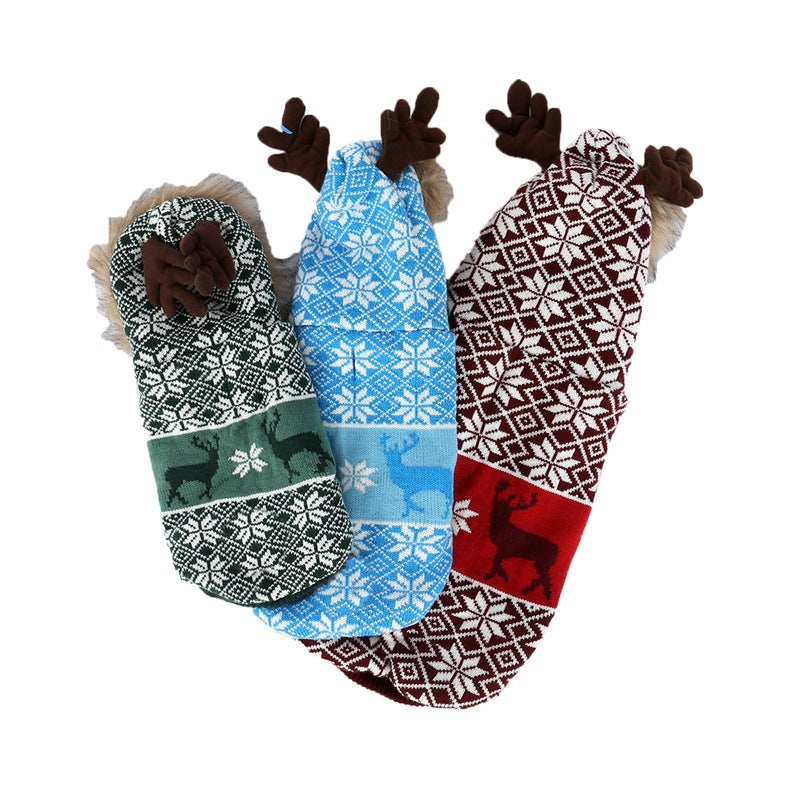 KFX-8206525 Vintage Christmas Elk Hooded Pet Coat with Fur Collar in Blue, Red, and Green