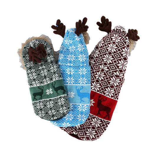 KFX-8206525 Vintage Christmas Elk Hooded Pet Coat with Fur Collar in Blue, Red, and Green