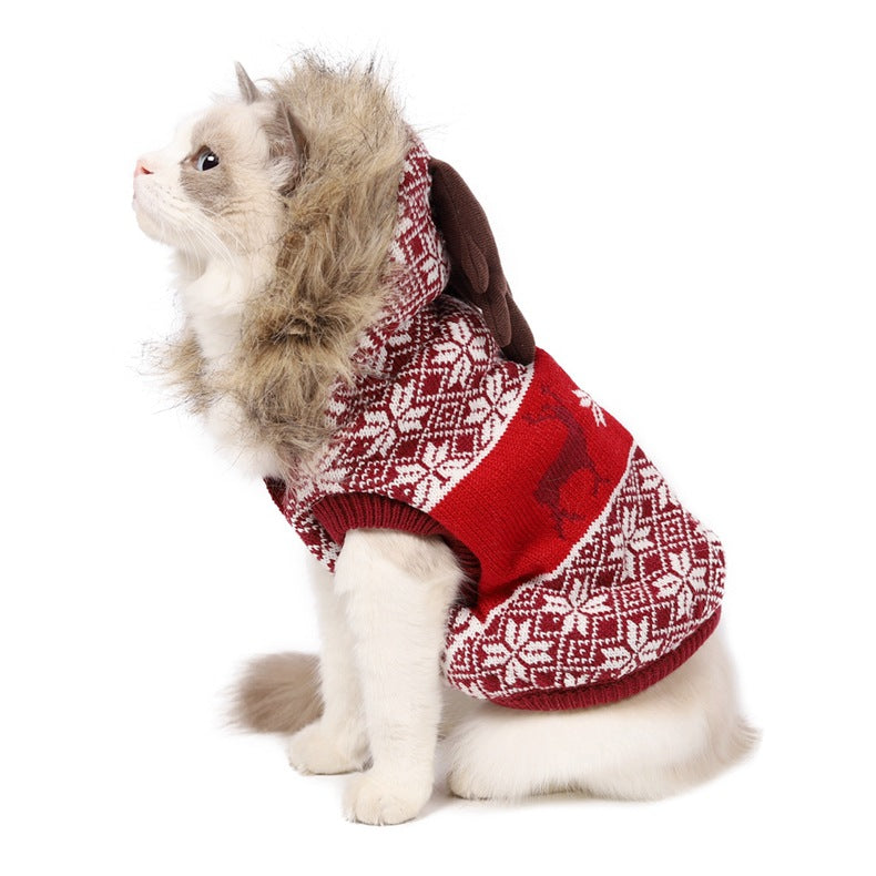 KFX-8206525 Vintage Christmas Elk Hooded Pet Coat with Fur Collar in Blue, Red, and Green