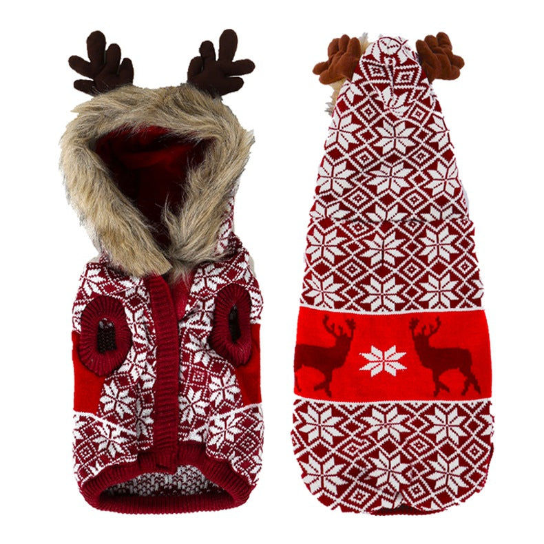 KFX-8206525 Vintage Christmas Elk Hooded Pet Coat with Fur Collar in Blue, Red, and Green