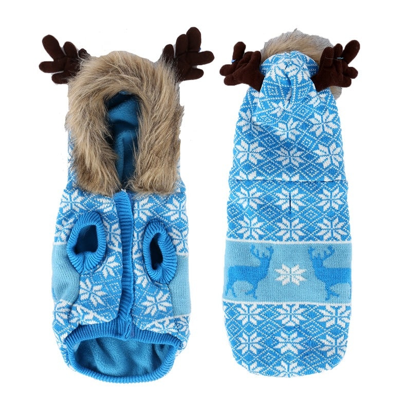 KFX-8206525 Vintage Christmas Elk Hooded Pet Coat with Fur Collar in Blue, Red, and Green