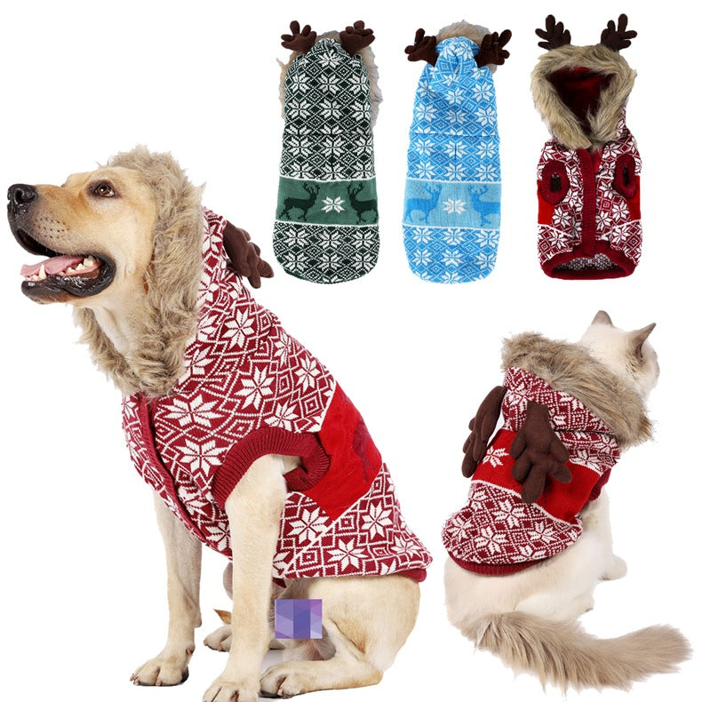 KFX-8206525 Vintage Christmas Elk Hooded Pet Coat with Fur Collar in Blue, Red, and Green