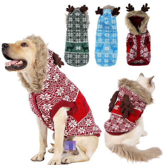KFX-8206525 Vintage Christmas Elk Hooded Pet Coat with Fur Collar in Blue, Red, and Green