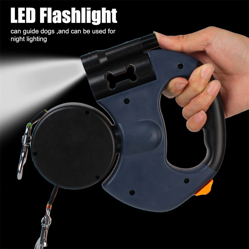 KFX-8208317 Retractable Dual Dog Leash with 360-Degree Swivel, Reflective Handle, and Built-in Light for Small Dogs