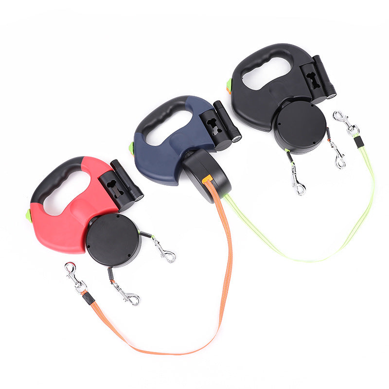 KFX-8208317 Retractable Dual Dog Leash with 360-Degree Swivel, Reflective Handle, and Built-in Light for Small Dogs