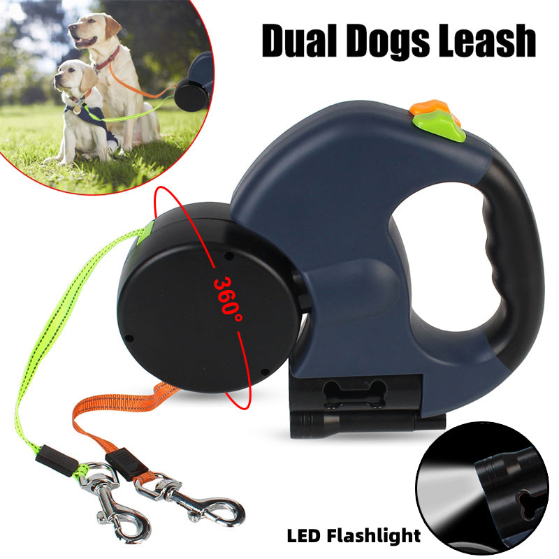 KFX-8208317 Retractable Dual Dog Leash with 360-Degree Swivel, Reflective Handle, and Built-in Light for Small Dogs