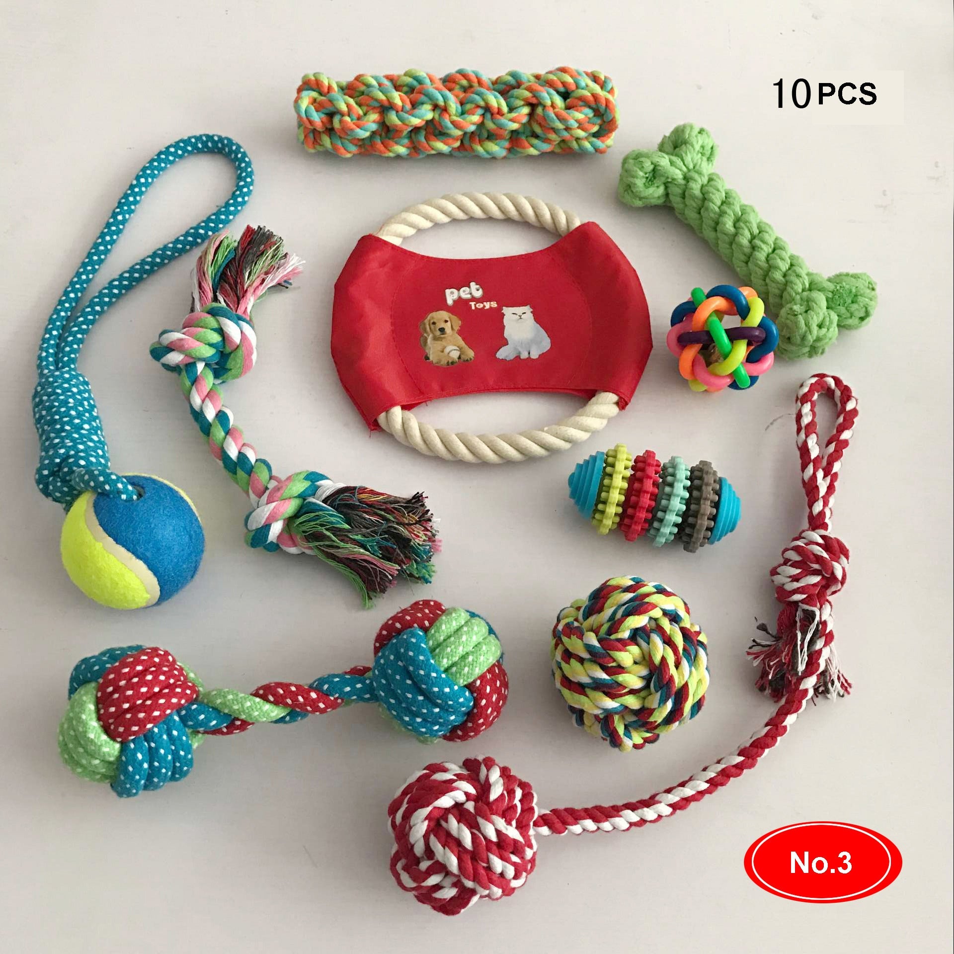 KFX-8209341 Cotton Rope Chew Toy Set for Dogs - 10 Unique Pieces with Squeaky Balls and Durable Design