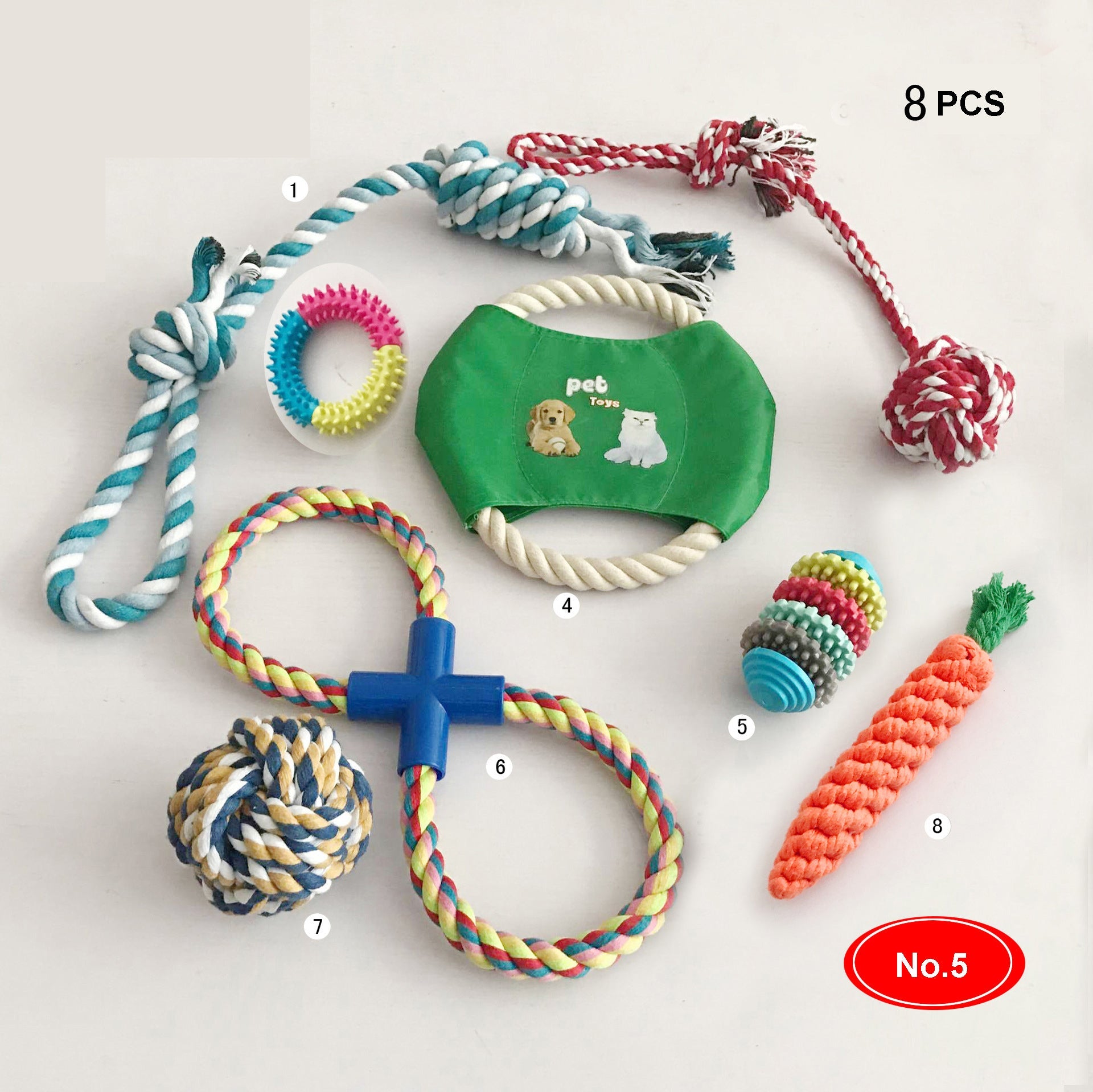 KFX-8209341 Cotton Rope Chew Toy Set for Dogs - 10 Unique Pieces with Squeaky Balls and Durable Design