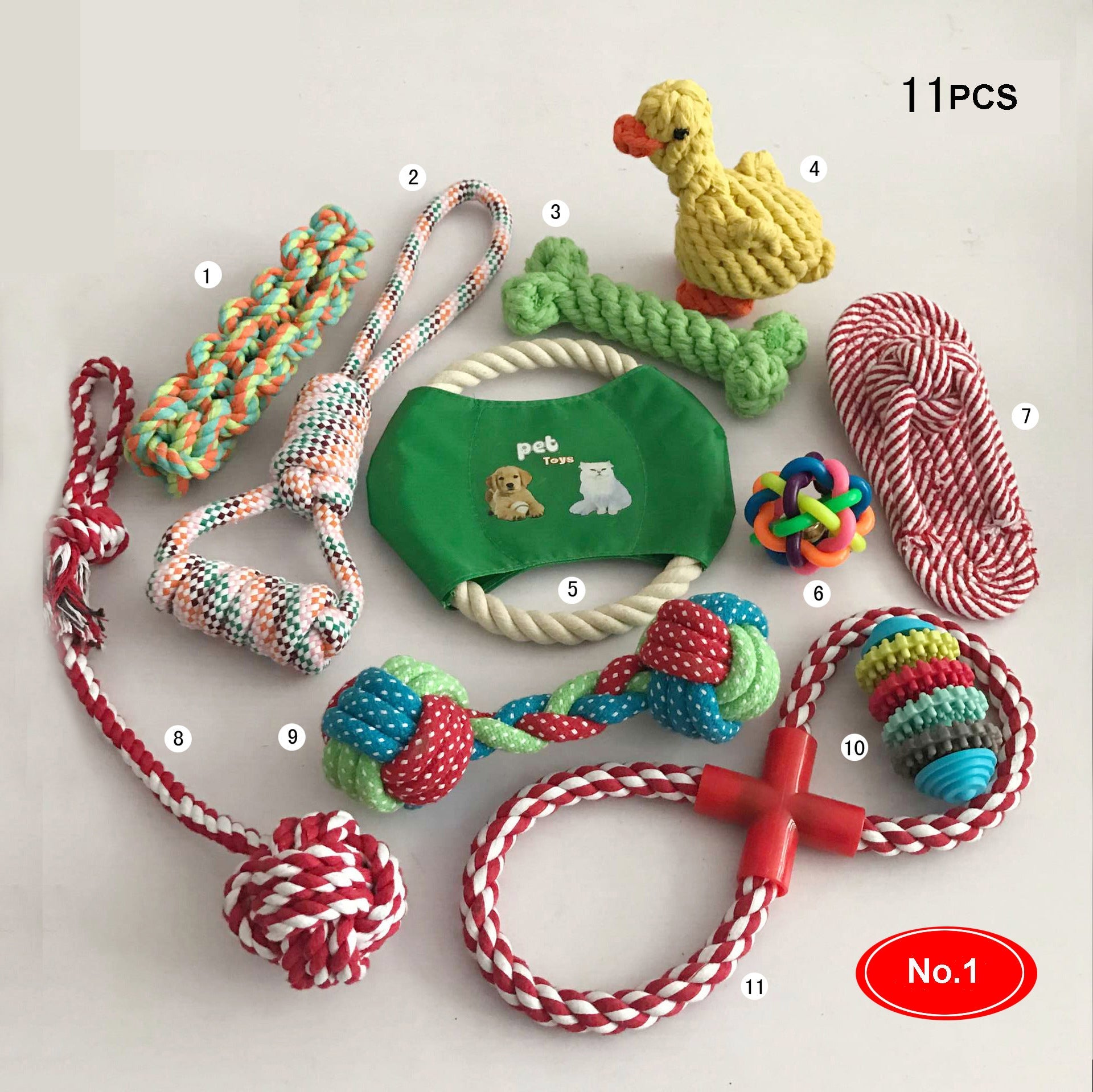 KFX-8209341 Cotton Rope Chew Toy Set for Dogs - 10 Unique Pieces with Squeaky Balls and Durable Design