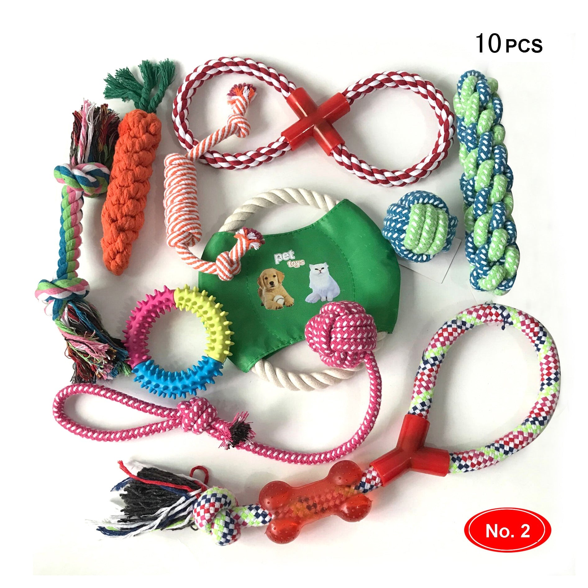 KFX-8209341 Cotton Rope Chew Toy Set for Dogs - 10 Unique Pieces with Squeaky Balls and Durable Design