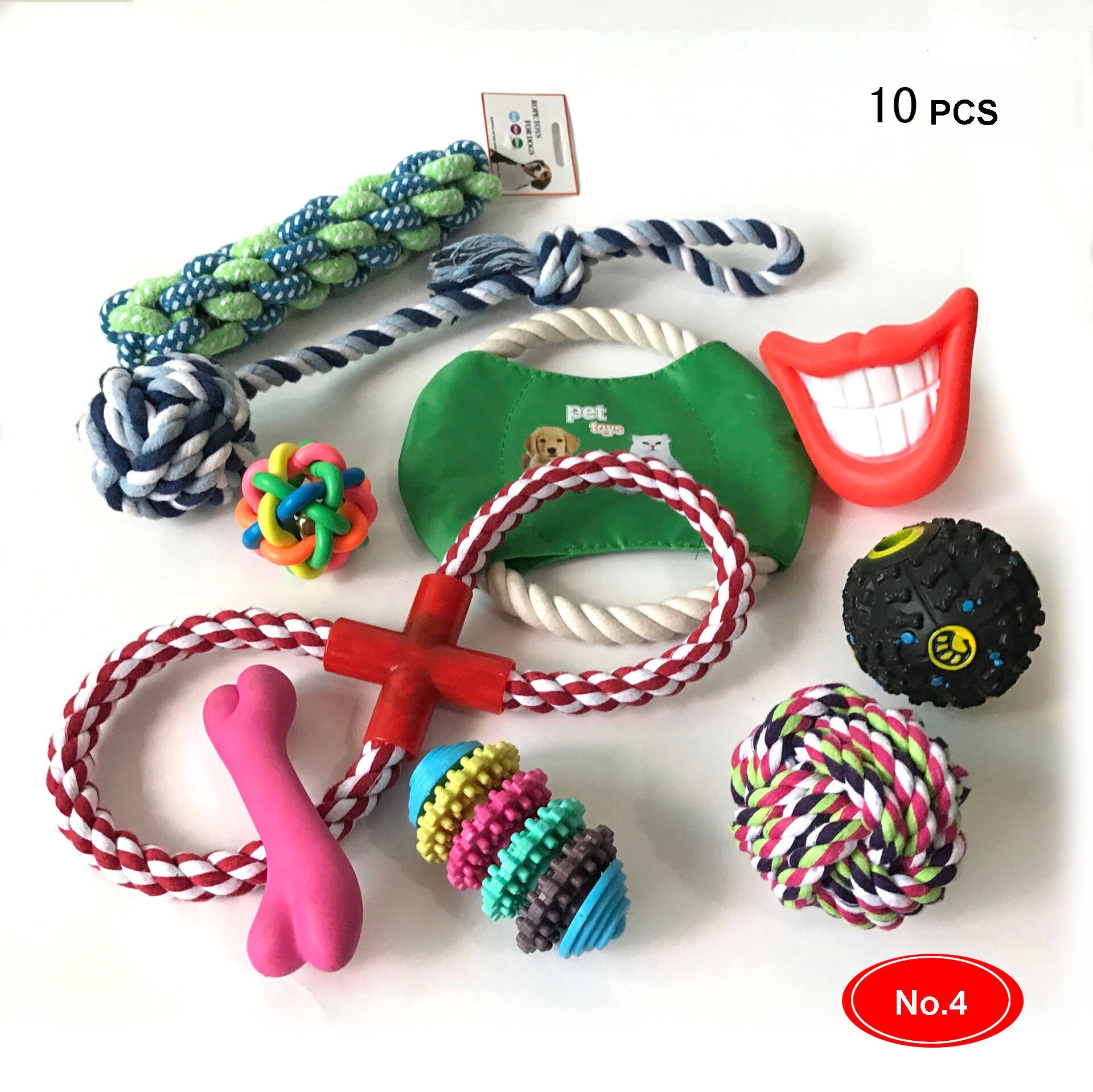 KFX-8209341 Cotton Rope Chew Toy Set for Dogs - 10 Unique Pieces with Squeaky Balls and Durable Design