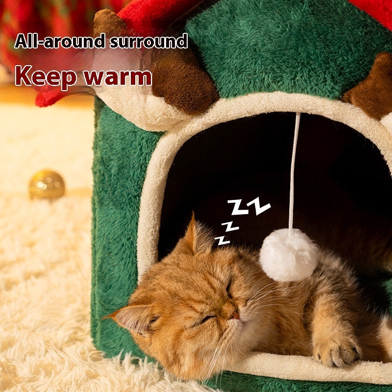 KFX-8212541 Universal Winter Cat Bed – Removable & Washable Pet Nest in Red Elk Design, Suitable for Cats & Small Dogs