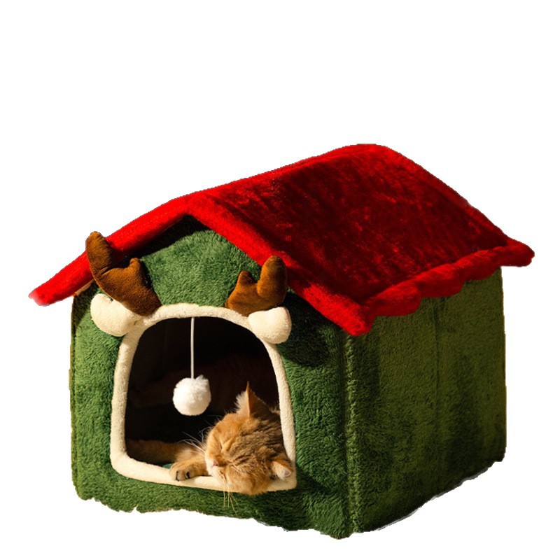 KFX-8212541 Universal Winter Cat Bed – Removable & Washable Pet Nest in Red Elk Design, Suitable for Cats & Small Dogs