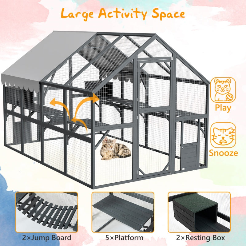 KFX-8217917 Extra Spacious Outdoor Cat Enclosure with Weather-Resistant Roof and Cat Climbing Features