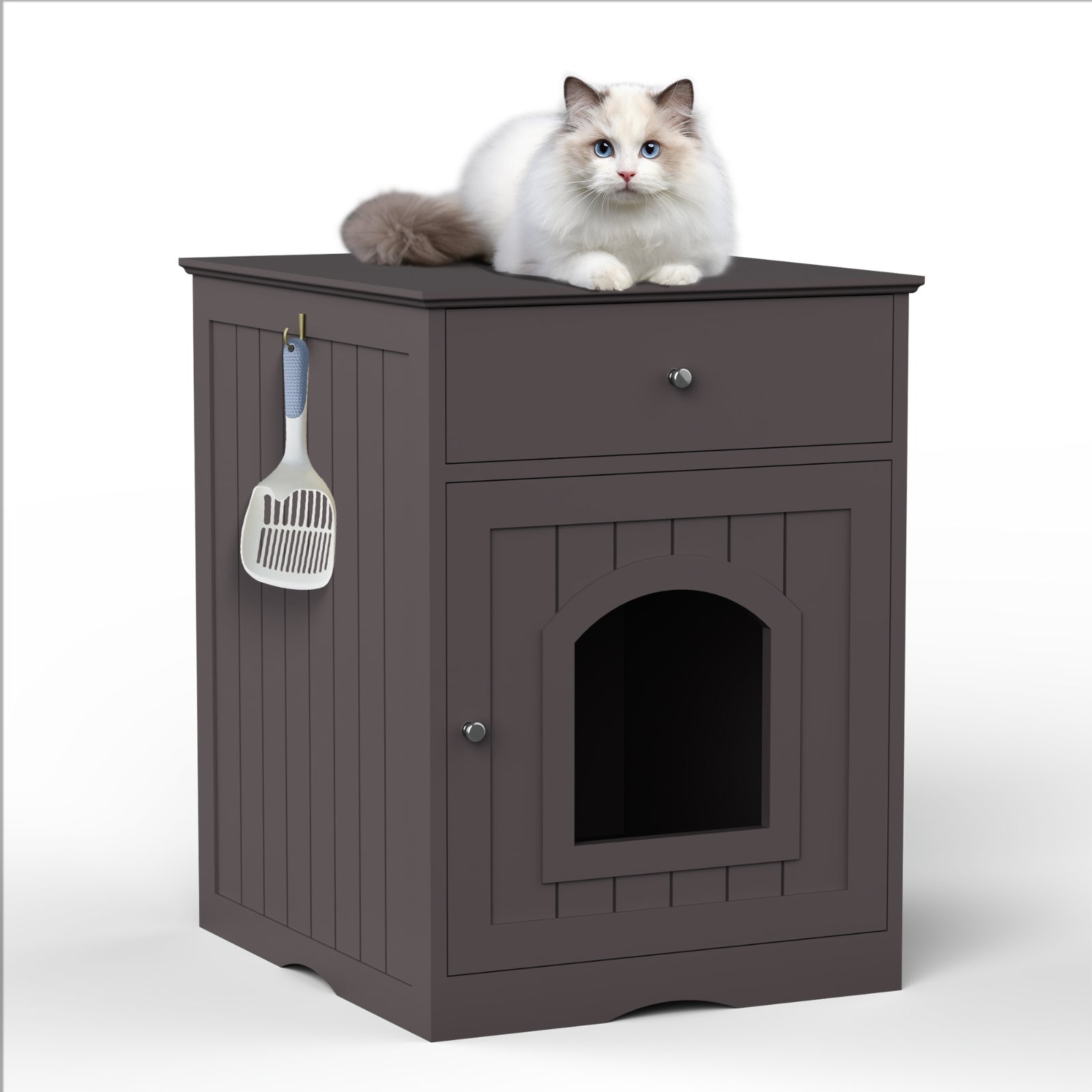 KFX-8223677 Wooden Cat Litter Box Enclosure with Drawer and Side Table - Indoor Pet Crate (Brown)