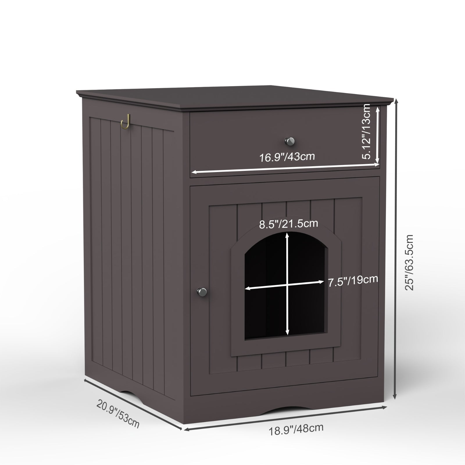 KFX-8223677 Wooden Cat Litter Box Enclosure with Drawer and Side Table - Indoor Pet Crate (Brown)