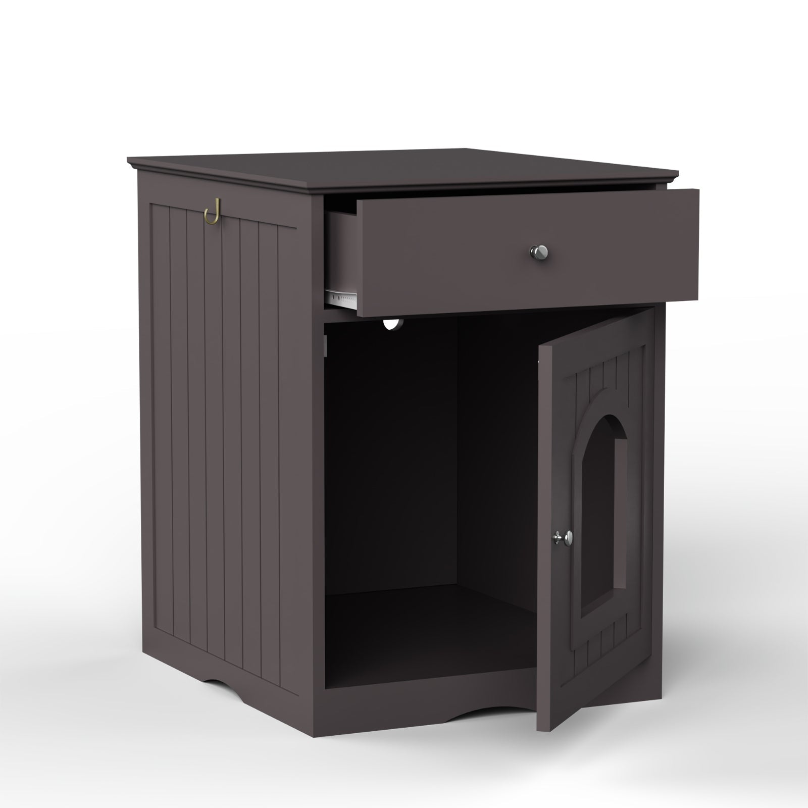 KFX-8223677 Wooden Cat Litter Box Enclosure with Drawer and Side Table - Indoor Pet Crate (Brown)
