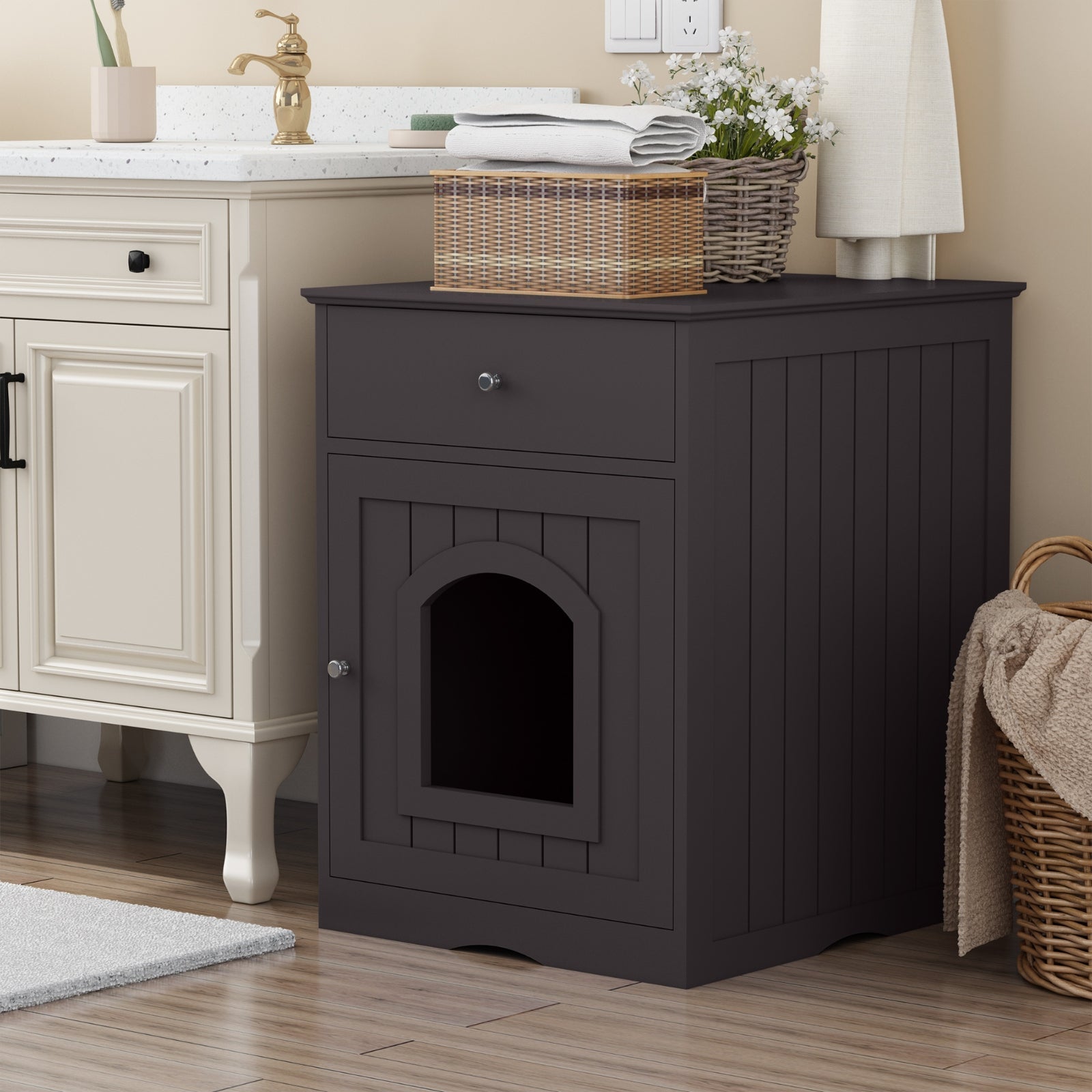 KFX-8223677 Wooden Cat Litter Box Enclosure with Drawer and Side Table - Indoor Pet Crate (Brown)