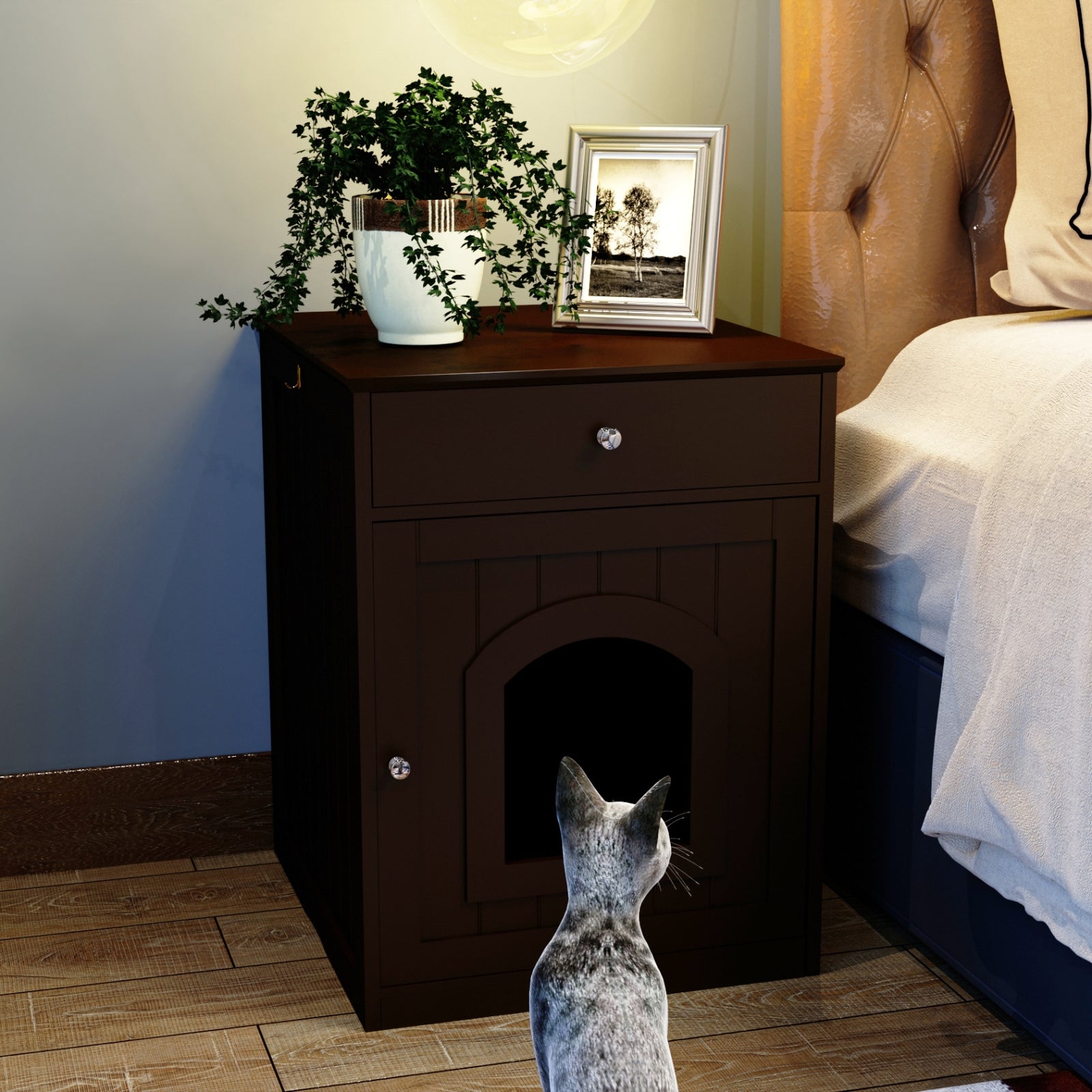 KFX-8223677 Wooden Cat Litter Box Enclosure with Drawer and Side Table - Indoor Pet Crate (Brown)