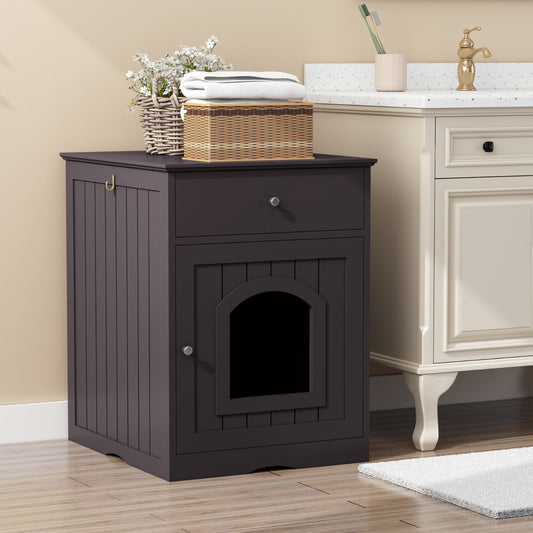 KFX-8223677 Wooden Cat Litter Box Enclosure with Drawer and Side Table - Indoor Pet Crate (Brown)