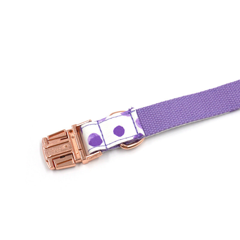 KFX-8227773 Purple Polka Dot Pet Collar with Rose Gold Accents - Scalable Cloth Design, Multiple Sizes Available