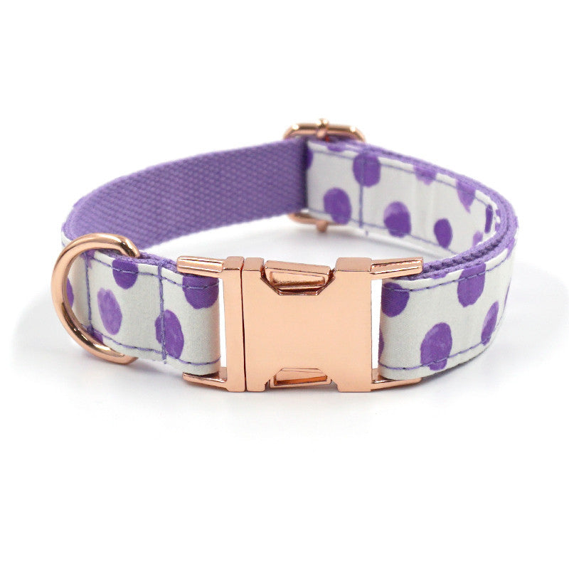 KFX-8227773 Purple Polka Dot Pet Collar with Rose Gold Accents - Scalable Cloth Design, Multiple Sizes Available