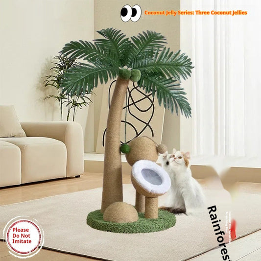 KFX-8229053 Tropical Rainforest Cat Climbing Frame - Wooden Coconut Tree Design, Green & Amber, 40x40x72 cm