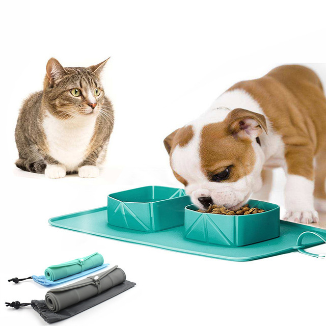 KFX-8231741 Folding Silicone Pet Bowl for Dogs and Cats - Mint Green & Gray, Portable with Storage Bag