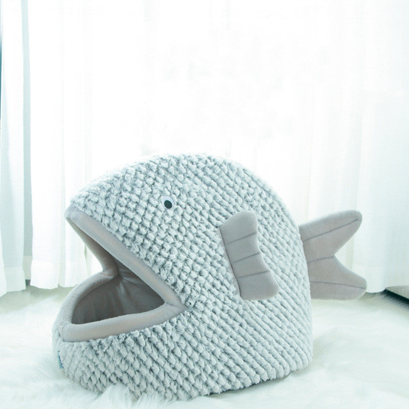 KFX-8241341 Fish Shaped Semi Enclosed Pet Bed for Cats and Small Dogs - South Korean Velvet, Gray and Red Options, Size S and L