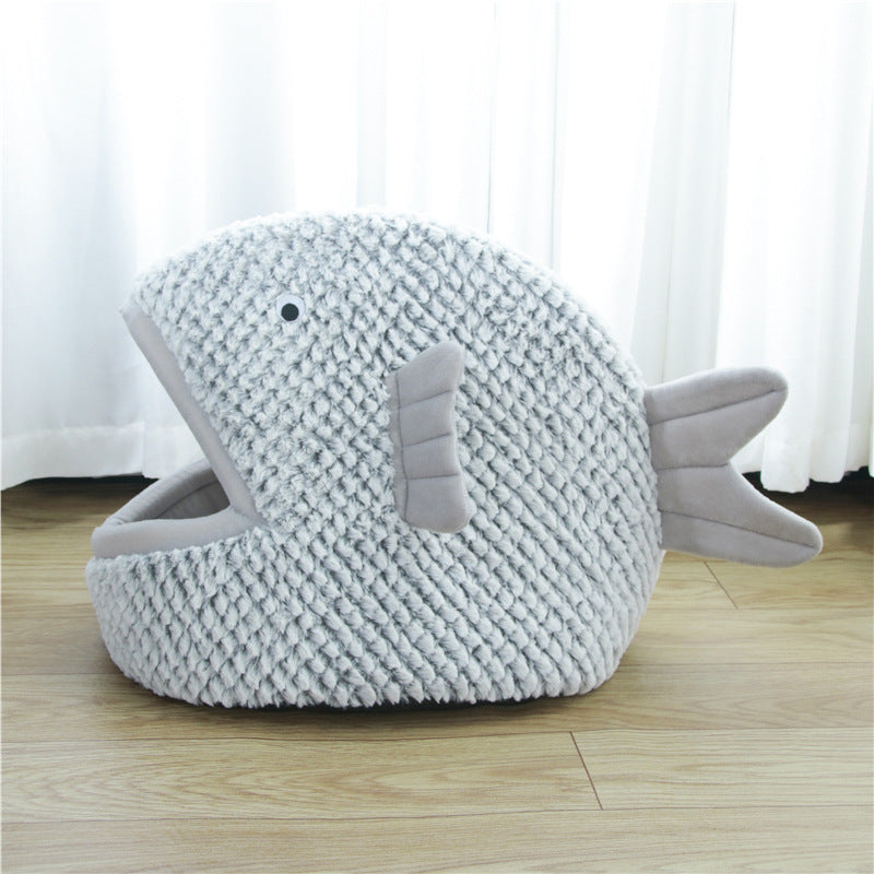 KFX-8241341 Fish Shaped Semi Enclosed Pet Bed for Cats and Small Dogs - South Korean Velvet, Gray and Red Options, Size S and L