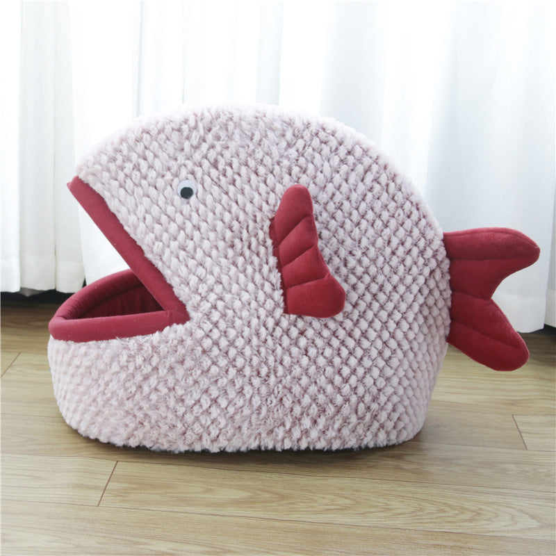 KFX-8241341 Fish Shaped Semi Enclosed Pet Bed for Cats and Small Dogs - South Korean Velvet, Gray and Red Options, Size S and L