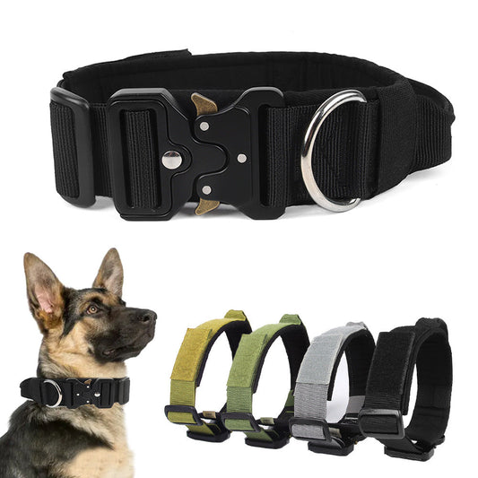 KFX-8249021 Heavy-Duty Tactical Pet Collar for Large Dogs - Adjustable Sizes in Black, Gray, Army Green, and Khaki