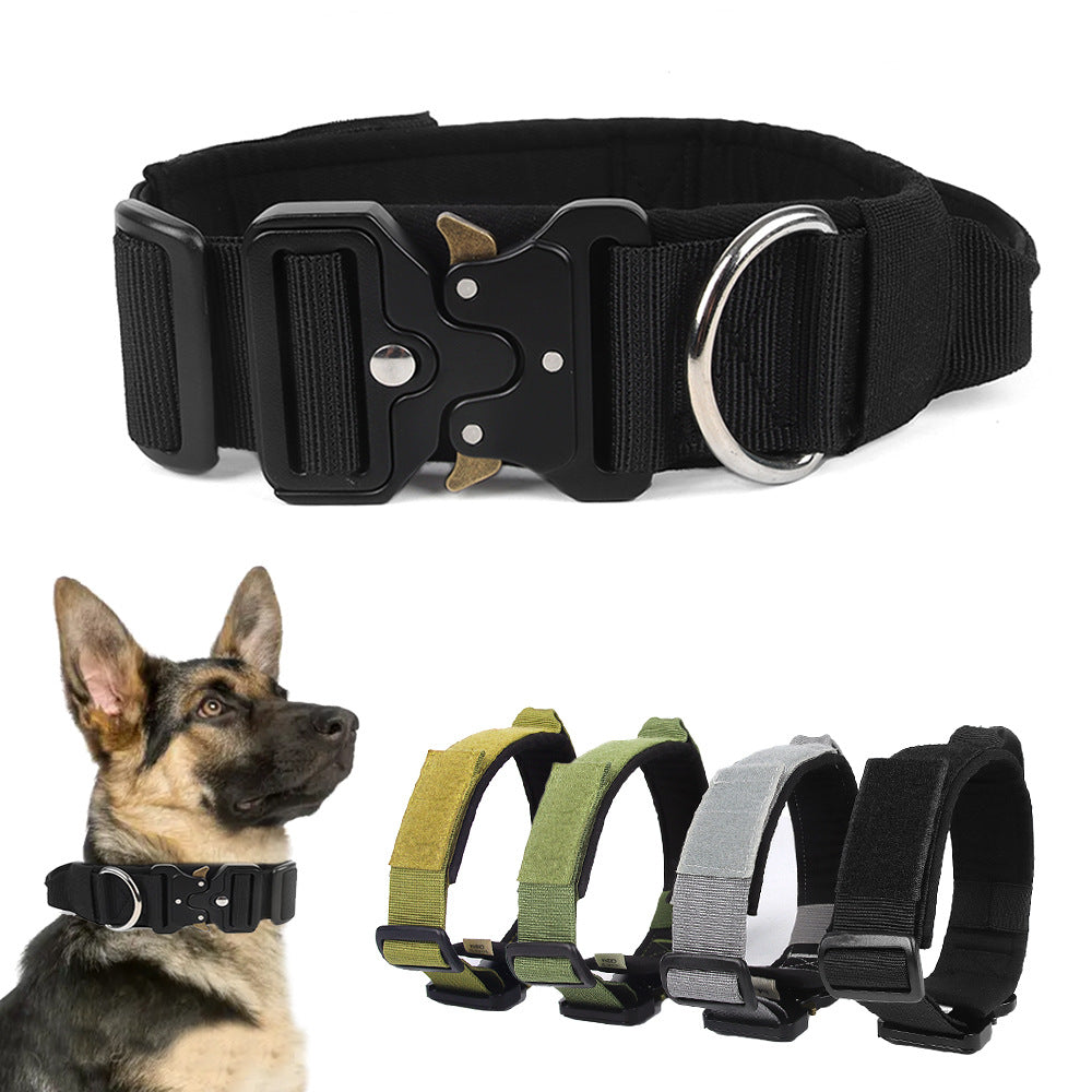 KFX-8249021 Heavy-Duty Tactical Pet Collar for Large Dogs - Adjustable Sizes in Black, Gray, Army Green, and Khaki