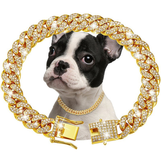 KFX-8255421 Pet Diamond Collar Cuban Link Chain for Small to Large Dogs and Cats - Available in Gold, Silver, and More