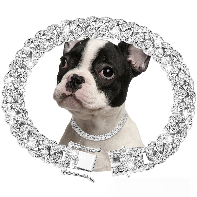 KFX-8255421 Pet Diamond Collar Cuban Link Chain for Small to Large Dogs and Cats - Available in Gold, Silver, and More