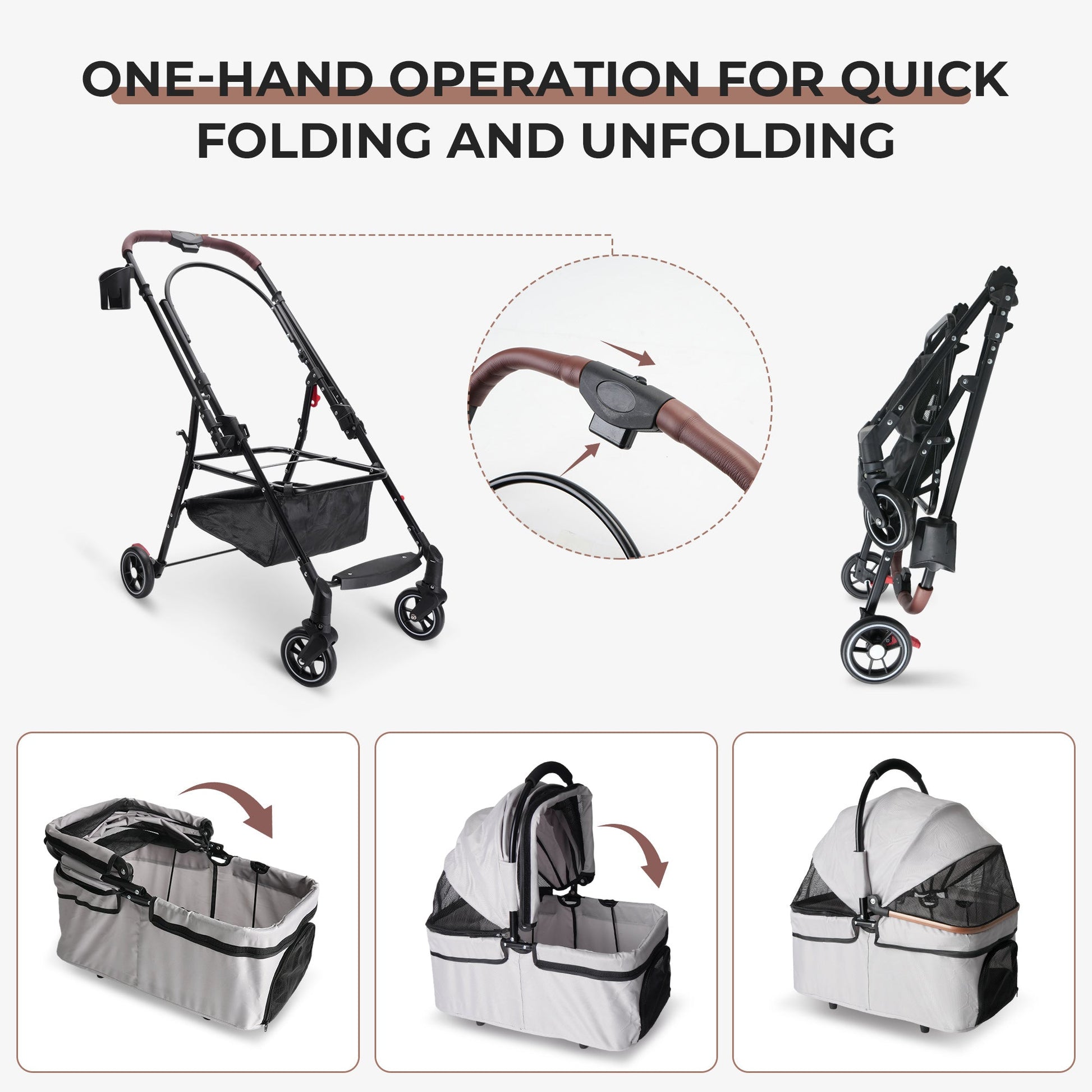 KFX-8264765 Foldable 4-Wheel Pet Stroller with 360° Rotating Wheels, Detachable Carrier, and Travel Bag for Small Dogs and Cats