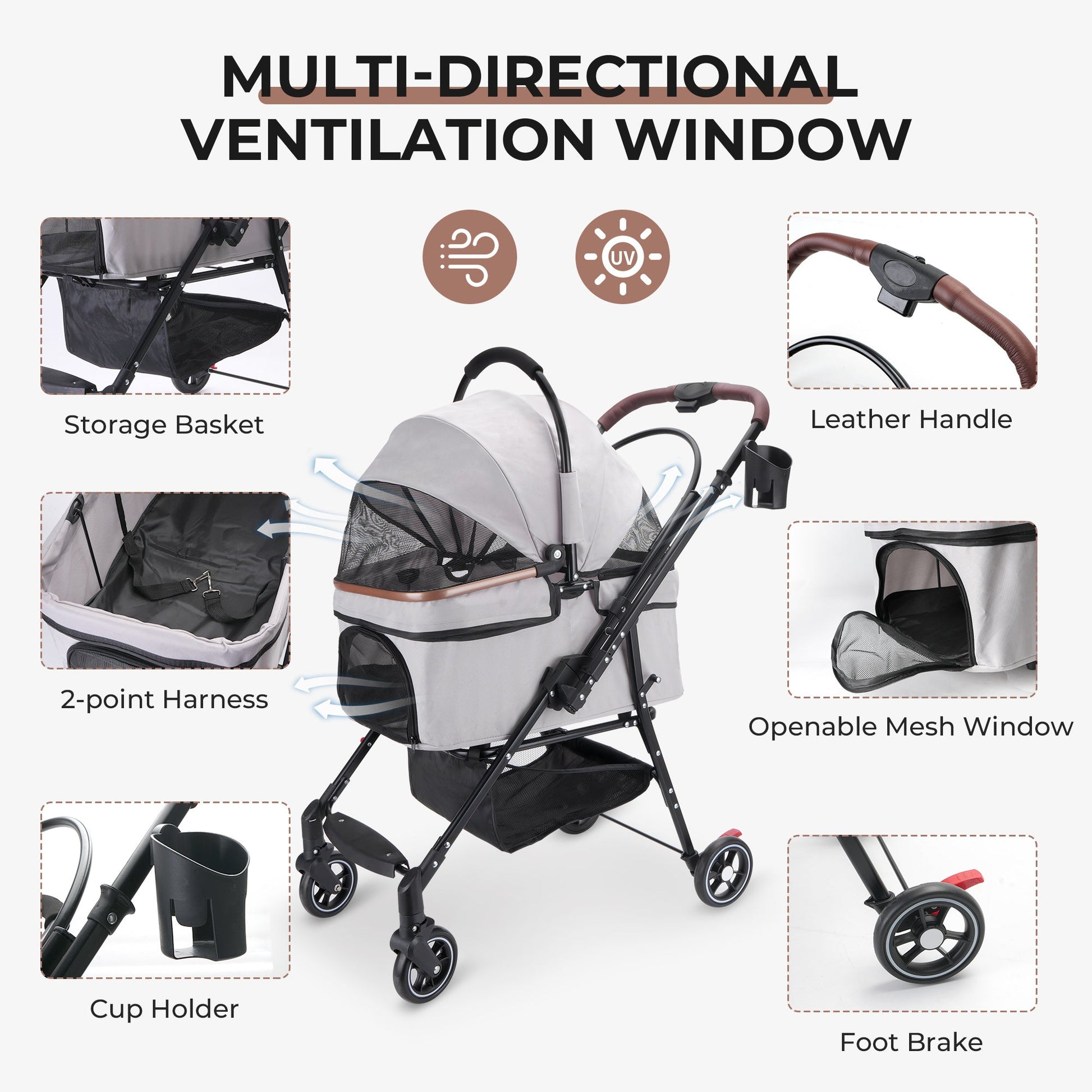 KFX-8264765 Foldable 4-Wheel Pet Stroller with 360° Rotating Wheels, Detachable Carrier, and Travel Bag for Small Dogs and Cats