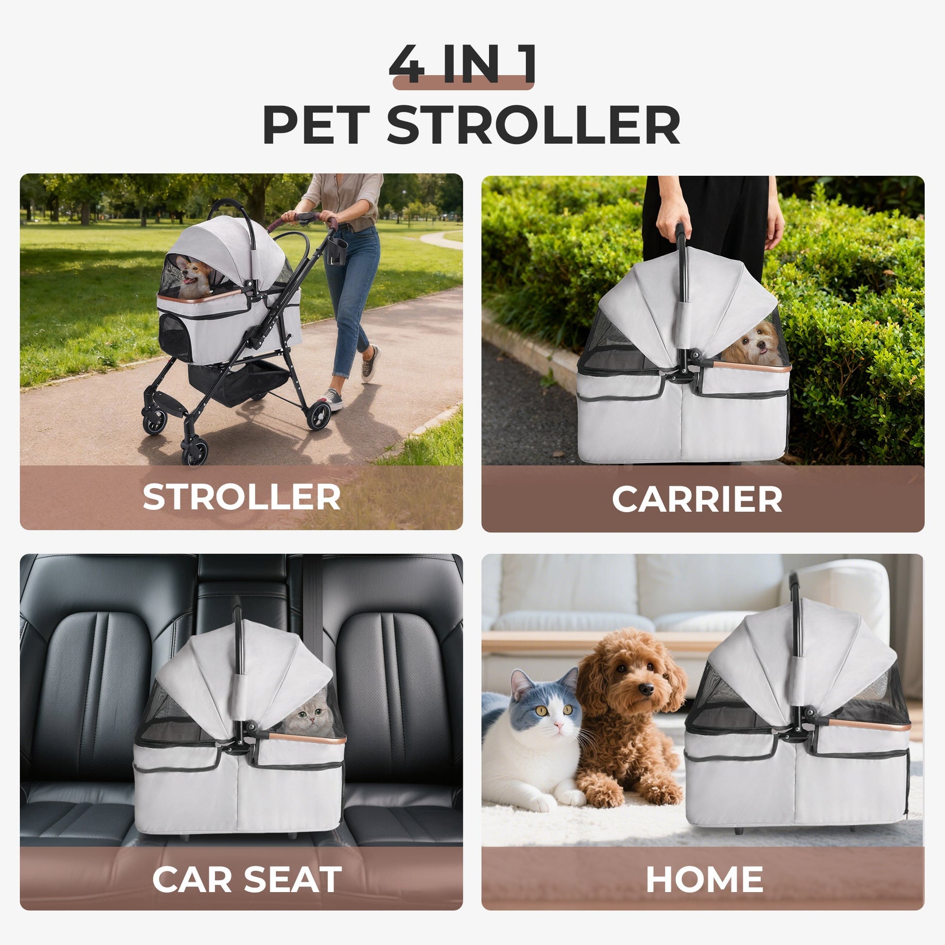KFX-8264765 Foldable 4-Wheel Pet Stroller with 360° Rotating Wheels, Detachable Carrier, and Travel Bag for Small Dogs and Cats