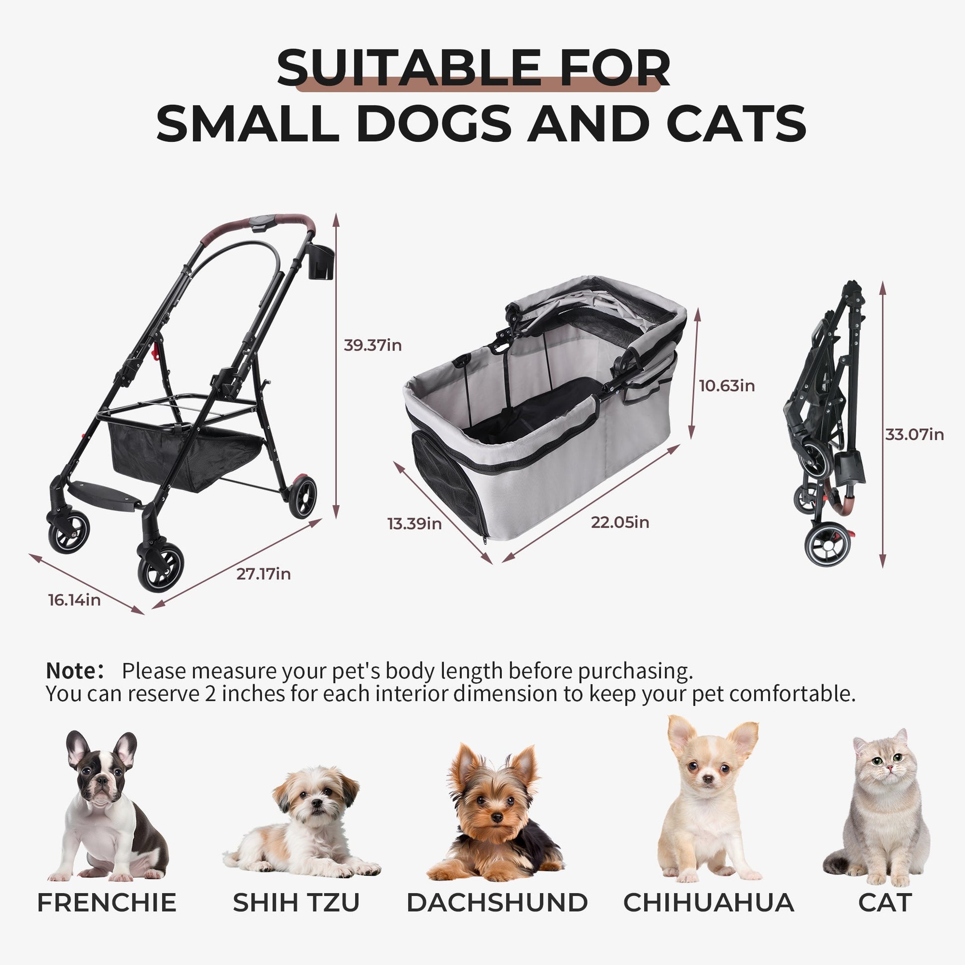 KFX-8264765 Foldable 4-Wheel Pet Stroller with 360° Rotating Wheels, Detachable Carrier, and Travel Bag for Small Dogs and Cats