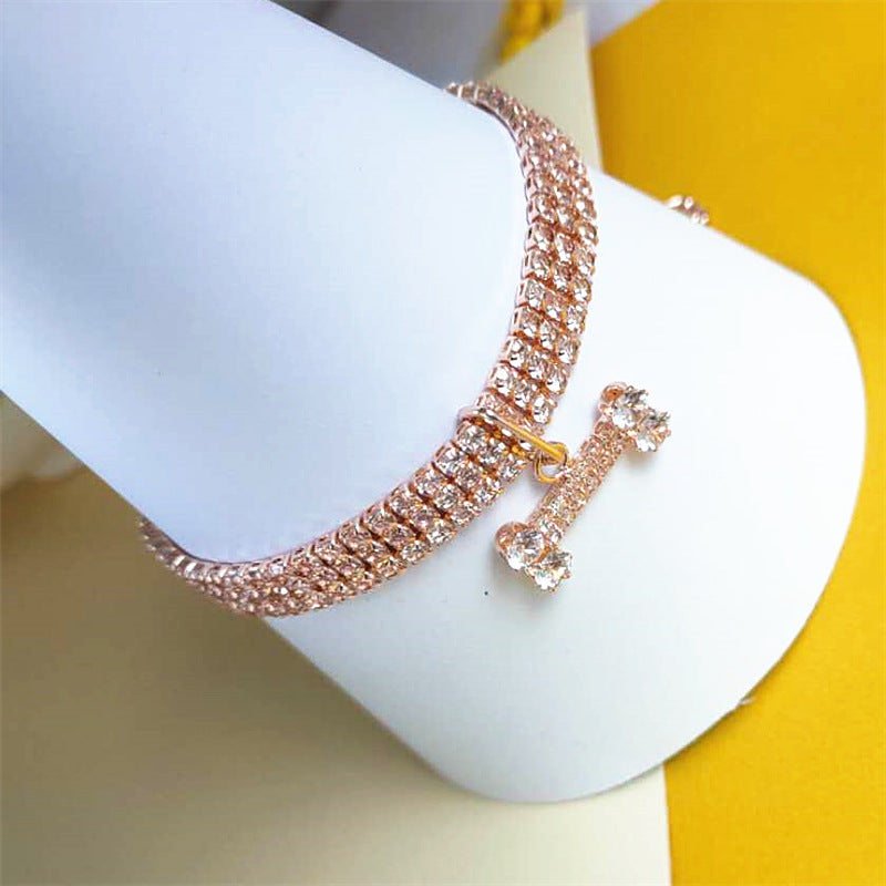 KFX-8281789 Three-Drain Drill Zircon Bone Pet Collar in Gold and Rose Gold, Copper with Rhinestones, All Seasons Style