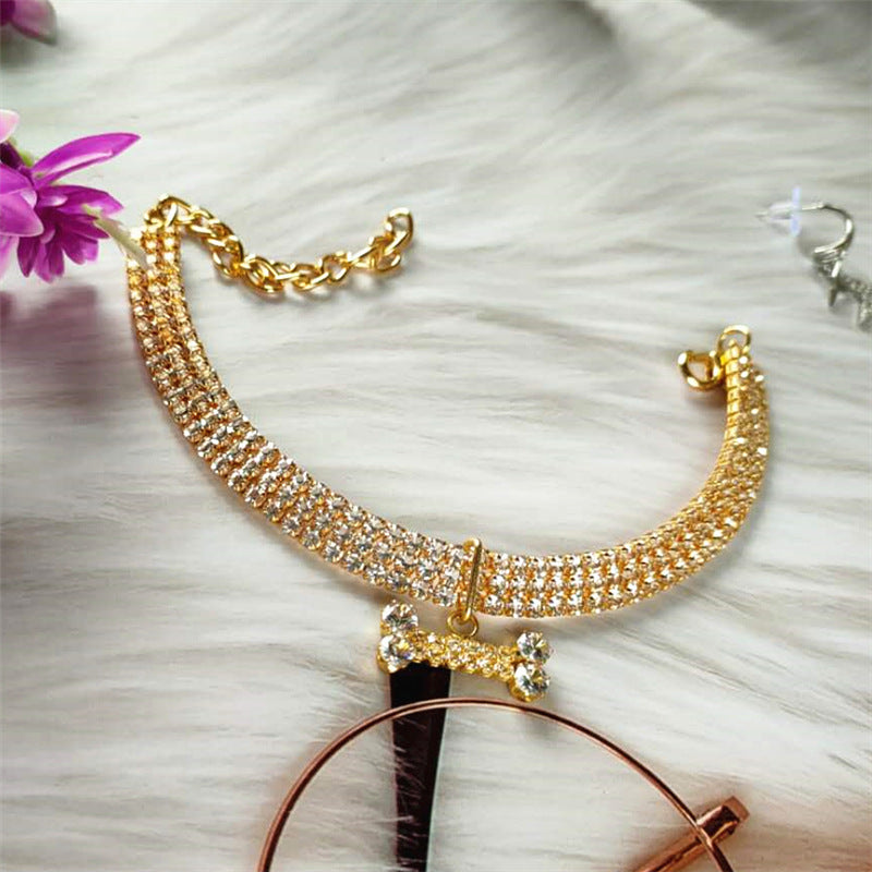 KFX-8281789 Three-Drain Drill Zircon Bone Pet Collar in Gold and Rose Gold, Copper with Rhinestones, All Seasons Style