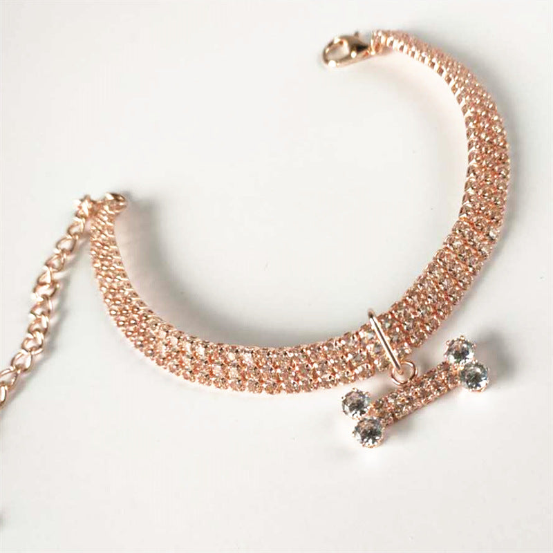 KFX-8281789 Three-Drain Drill Zircon Bone Pet Collar in Gold and Rose Gold, Copper with Rhinestones, All Seasons Style