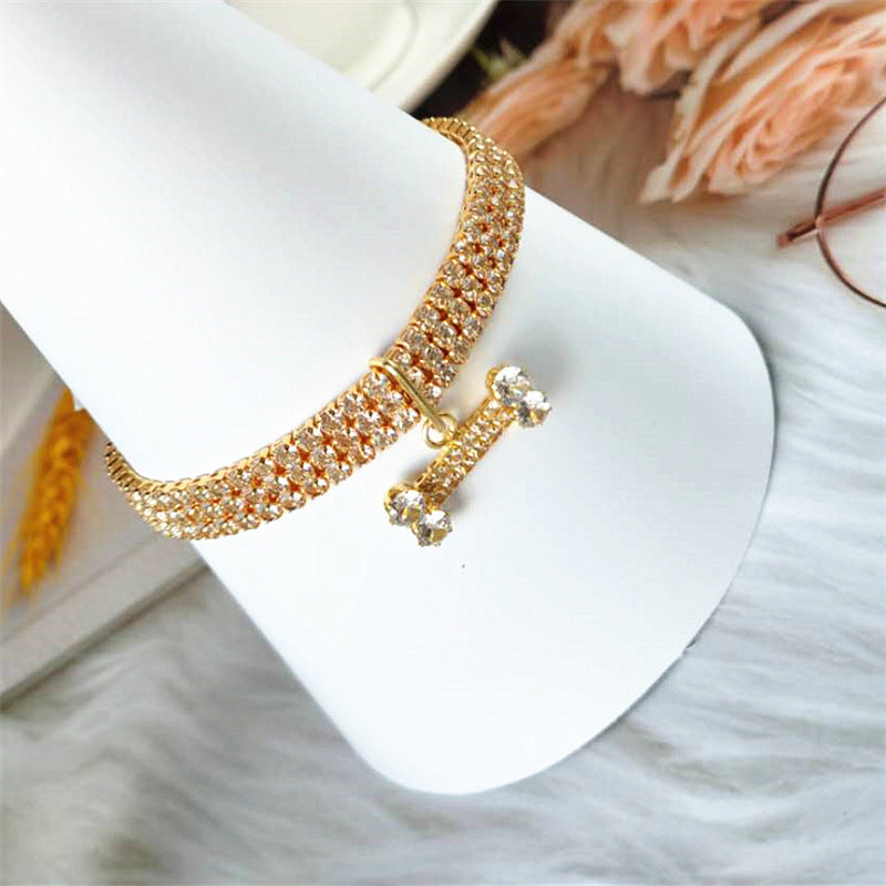 KFX-8281789 Three-Drain Drill Zircon Bone Pet Collar in Gold and Rose Gold, Copper with Rhinestones, All Seasons Style