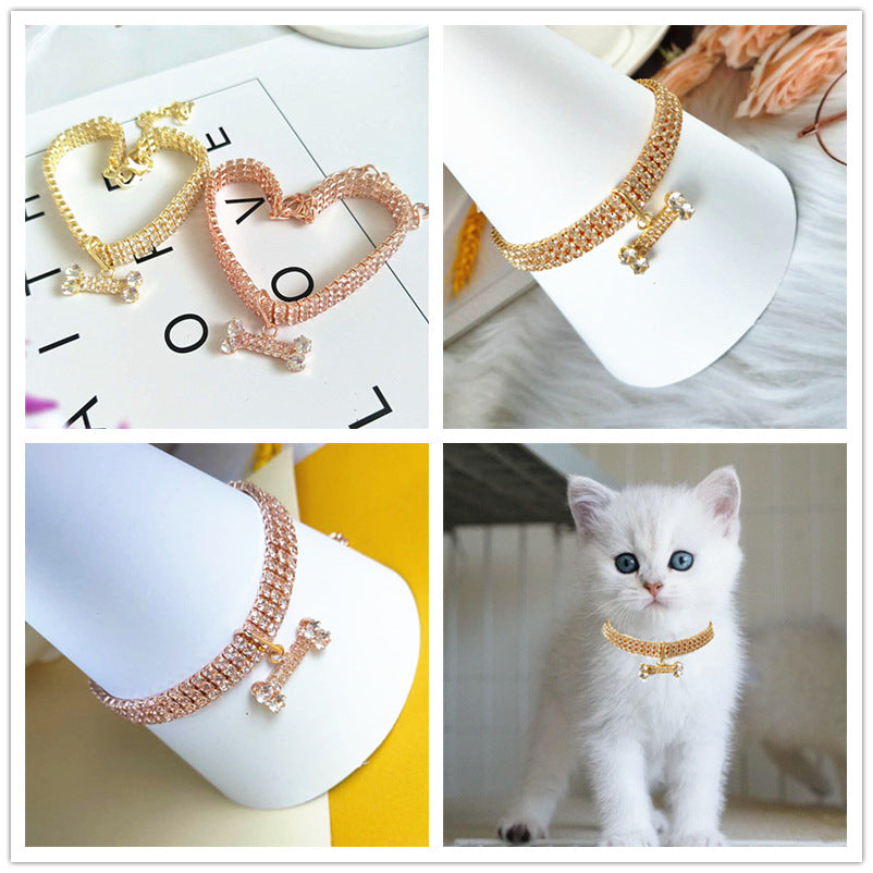 KFX-8281789 Three-Drain Drill Zircon Bone Pet Collar in Gold and Rose Gold, Copper with Rhinestones, All Seasons Style