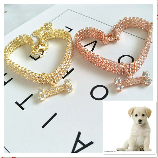 KFX-8281789 Three-Drain Drill Zircon Bone Pet Collar in Gold and Rose Gold, Copper with Rhinestones, All Seasons Style
