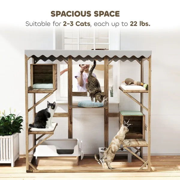 KFX-8289213 Expandable Outdoor Cat Enclosure with Multi-Level Platforms and Waterproof Roof for Multiple Cats